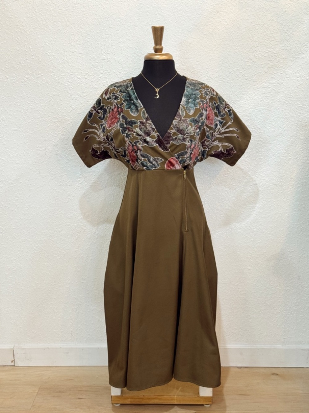 Vintage Olive Floral-Accent V-Neck Midi Dress
